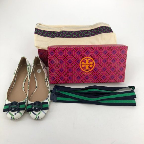Tory Burch Maritime ankle wrap white navy green ballet flats 6.5 Isle - Picture 4 of 16